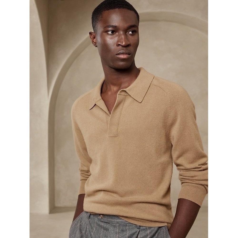 Banana Republic Viaggio XL 100% Cashmere Long Sleeve Polo Sweater Camel Tan Knit